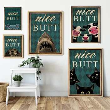 Komik Banyo Retro Posterler ve Baskılar Güzel Popo Siyah Kedi Köpekbalığı İnek Köpek Vintage Tuval Boyama Odası Ev Dekorasyon için