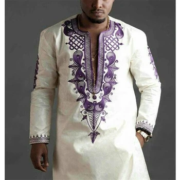 Adam Afrika Geleneksel Dashiki Gömlek Casual Baskı Uzun Kollu Riche Bazin Tops Etnik V Yaka Tees Moda Afrika Giyim