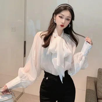 Kadın Gömlek Bluzlar Gevşek Yay Beyaz Erken Sonbahar Bayanlar Tops Gri Uzun Kollu Gömlek Zarif Kadın Giyim Kore Moda