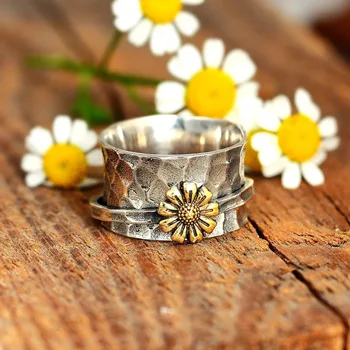 Vintage Papatya Çiçek Yüzük Kadınlar için Retro Parmak Yüzük Gelin Düğün Nişan Bildirimi Gümüş Yüzük moda takı Hediye