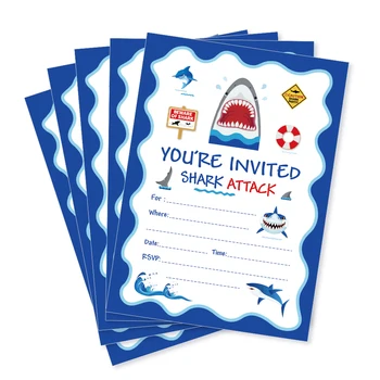 Mavi Deniz Tema Davetiye Kartları Karikatür Köpekbalığı Doğum Günü Partisi Davetiyeleri Çocuklar Mutlu Doğum Günü Partisi Favor Bebek Duş Süslemeleri