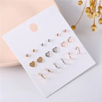 9 Çift / takım Sevimli Karışık Altın Gümüş Renk Kalp Daire Küpe Setleri Kadınlar Piercing düğme küpe Takı Kız Parti Hediye için
