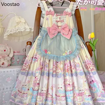 Japon Lolita Jsk Elbise Kadınlar Vintage Gotik Baskı Kolsuz Parti Elbiseler Tatlı Yay Kedi Kawaii Prenses Jartiyer Elbise