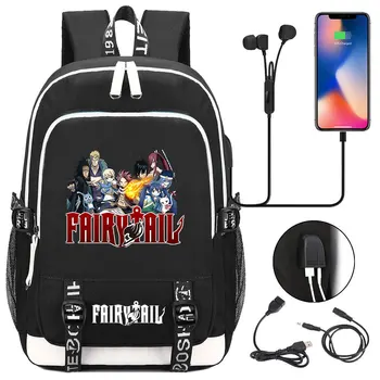 Anime Peri Kuyruk Tuval Baskı Sırt Çantası USB Şarj Sırt Çantası Genç Packsack seyahat Laptop çantası Öğrenci Zip Karikatür Schoolbag