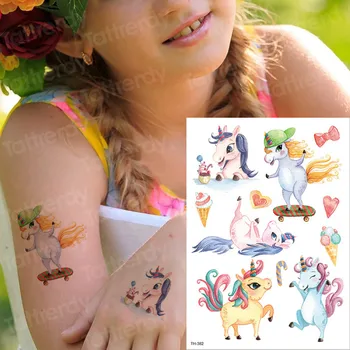 çocuklar dövme geçici su geçirmez dövmeler çocuk çıkartmalar vücut sanatı at unicorn hayvanlar dövme su renk yüz el dövme çocuk