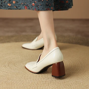 2022 Bahar Yeni HAKİKİ DERİ Kadın Ayakkabı EĞLENCE Kadın Slip-On Sığ Pompaları Kare Ayak Topuklu Ayakkabı Kadın Zapatos De Mujer
