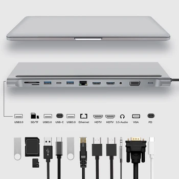 12in1 Tip c Multiport Yerleştirme İstasyonu Çift HD 4K VGA 3.5 mm Ses USB3.0 TF/SD RJ45 PD Şarj USB C HUB Dizüstü Macbook İçin