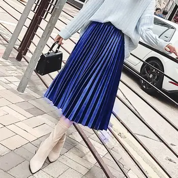 2019 Moda Sonbahar Kış Pilili Etek Bayan Vintage Yüksek Bel Etek Katı Uzun Etekler Yeni Moda Metalik Etek Kadın # FT