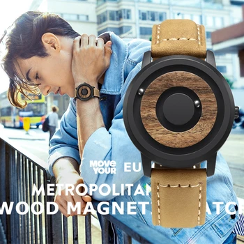 EUTOUR Manyetik İzle Erkekler Lüks minimalist Yenilik Ahşap Dial Ölçeksiz Deri Moda Su Geçirmez erkek çift kuvars saatler