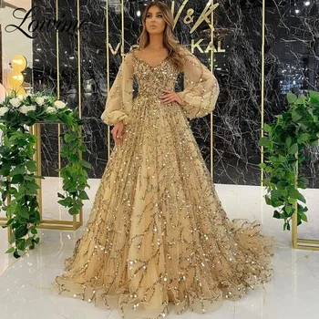 Altın Payetli Müslüman Abiye Uzun Kollu Dubai Parti Törenlerinde 2021 Artı Boyutu Orta Doğu Balo Elbise Resmi Gece Elbisesi