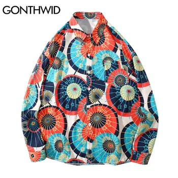 GONTHWID Gömlek Streetwear Hip Hop Renkli Şemsiye Baskı Düğmesi Bluz Erkek Harajuku Moda Rahat Gevşek Uzun Kollu Üstleri
