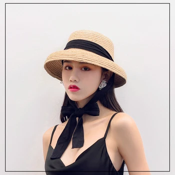 Yaz Rafya Hasır Şapka Kadın Moda El Yapımı Düz Üst güneş şapkası Beyaz Siyah kurdele güneş şapkası plaj şapkası güneş koruma kapağı