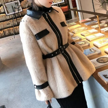 Kadın Kış Vintage PU Ceketler Mont Kalın Suni Deri Mont Kadın Moda Rahat Streetwear Kemer Kaydırdı Uzun Kollu Yıpratır