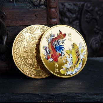 Renk Sazan Madalya Altın ve Gümüş Sikke Kabartmalı Metal Zanaat Rozeti Hediye Size İyi Şanslar Çin Fu Koi hatıra parası