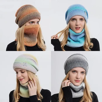 Kadınlar İçin kış Şapka Bayanlar Bere Sıcak Kapaklar Örme Yün Eşarp Seti Degrade Renkler Yastıklı İç Yumuşak Gevşek Kadın Kaput