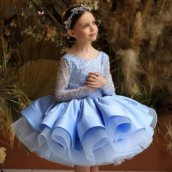 Glitter Mavi Çiçek Kız Elbise Pullu Bebek Kız Elbise Kabarık Prenses Sevimli Küçük Bebek Elbise Çocuk Doğum Günü Elbise İlk Communion