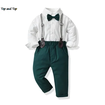 üst ve üst Çocuk Erkek Resmi Giyim Seti Yürümeye Başlayan Çocuk Beyefendi Uzun Kollu Beyaz Gömlek + Jartiyer Pantolon Elbise Kıyafetler