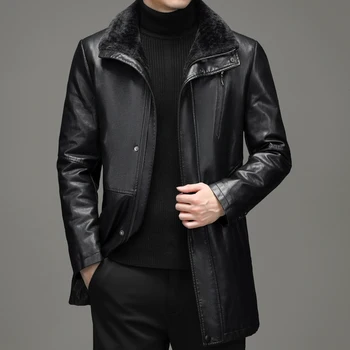 Haining Deri erkek deri ceket sonbahar ve kış orta uzunlukta deri rüzgarlık sıcak kürk tek parça ceket