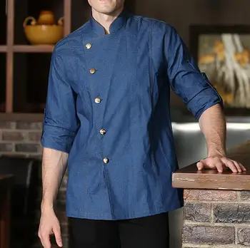 Şef ceketi Denim Restoran Üniformaları Kot Gömlek Sonbahar Tulum Formu Pişirme Erkekler İş
