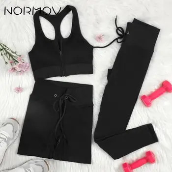 NORMOV Kadınlar 2/3 ADET Fermuar Yoga Setleri Spor Dikişsiz spor elbise Spor Giyim Kadın İpli Sutyen Yüksek Bel Tayt Şort