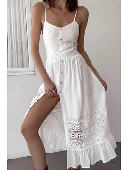 GypsyLady Beyaz Bohemian Maxi Elbise Katmanlı dantel kesik dekolte Yaz Kadın Elbise Tatil Seksi Rahat Plaj Bayan Elbise Vestidos