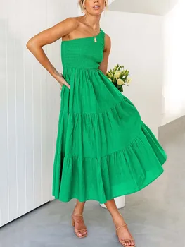 2022 Yaz Yeşil uzun elbise Kadınlar Zarif Bir tek omuzlu elbise Bayanlar Çiçek Baskı Maxi Parti Pilili Elbise Kadınlar İçin