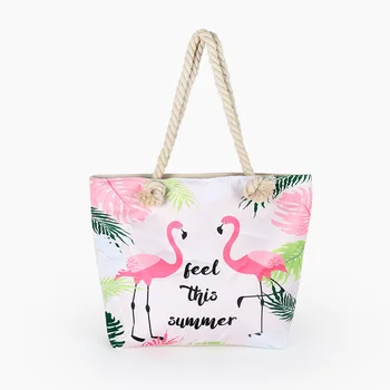 Tam Polyester Dijital Baskı Pamuk Halat Taşınabilir Plaj Çantası Flamingo Büyük Kapasiteli Seyahat alışveriş çantası Bayanlar omuzdan askili çanta