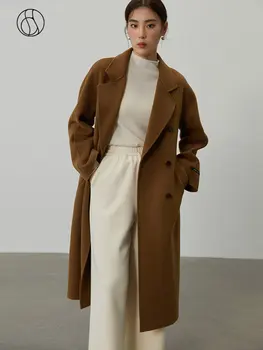 DUSHU 100 % Yün Klasik Kruvaze Ofis Bayan Yün Ceketler Kemer Tasarım Gevşek Retro Retro Kahverengi Yün Palto Kış Ceket