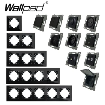 AB DIY Siyah Kristal Cam Wallpad 1 2 Gang Işık Sıfırlama Perde Anahtarı USB Cat6 Veri AB Fransız Anahtar Priz Yuvarlak Geri AB Kutusu
