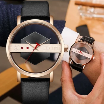 Benzersiz İzle Yaratıcı Şeffaf Unisex Erkekler İçin Saatler Kuvars Geek Şık Deri Kol Saati Moda Erkek Saat Reloj Hombre