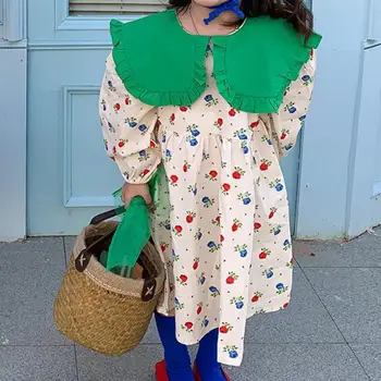 Çocuk giyim 2022 Yeni Bahar Sonbahar Uzun Kollu Kızlar Sevimli Peter Pan Yaka Moda Çiçek Baskı Desen Tek parça elbise