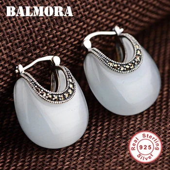 BALMORA Gerçek 925 Ayar Gümüş Retro Ay Şekli Opal düğme küpe Kadınlar Lady Hediye için Zarif Etnik moda takı