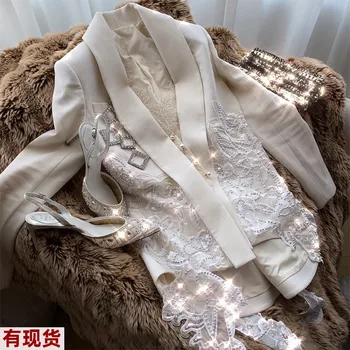High-end Tasarım Dantel Boncuklu Beyaz Küçük Takım Elbise Kadın İlkbahar Ve Sonbahar Retro Dikiş Örgü Uzun Kollu İnce Takım Elbise Ceket