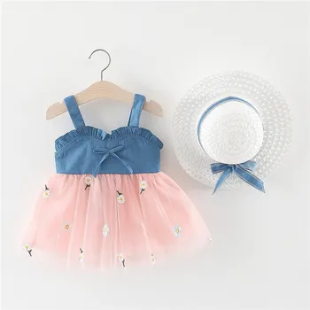 Bebek Kız Elbise Şapka İle Pamuk çocuk Elbise yaz elbisesi Çiçek Örgü Kız Kolsuz Sundress Çocuklar Parti Doğum Günü Elbise
