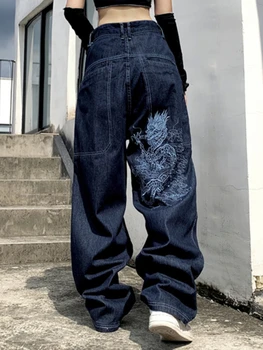 QWEEK Retro Sokak Çin Ejderha Işlemeli Yüksek Bel Kot Kadın Kaykay Gevşek Geniş Bacak Denim Pantolon Büyük Boy Pantolon