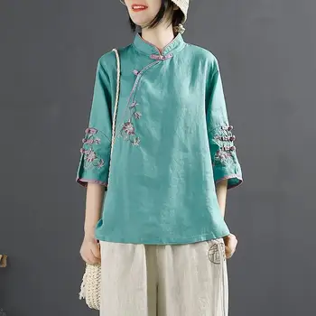 Geleneksel Çin Retro Tarzı Üst İşlemeli Keten Giysiler Yeni Yaz Artı Boyutu Giyim Geleneksel Çin Bluz Kadınlar İçin