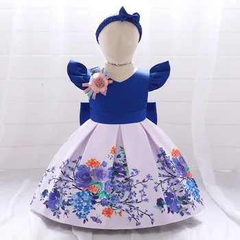 2022 Bahar Çiçek Büyük Yay Bebek Kız Elbise 1st Doğum Günü Partisi düğün elbisesi Kız Baskı Prenses Abiye Çocuk Giysileri